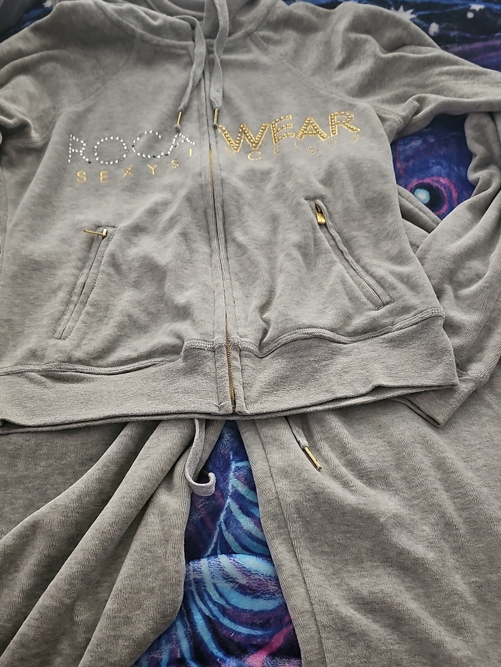 Rocawear Velour Gray Zip-Up Hoodie Jacket with Gold Accents